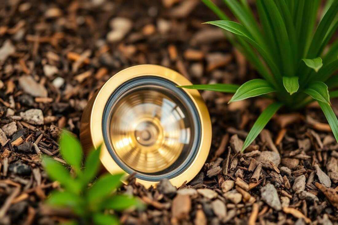 Solid brass low-voltage landscape fixture installed in a planting bed