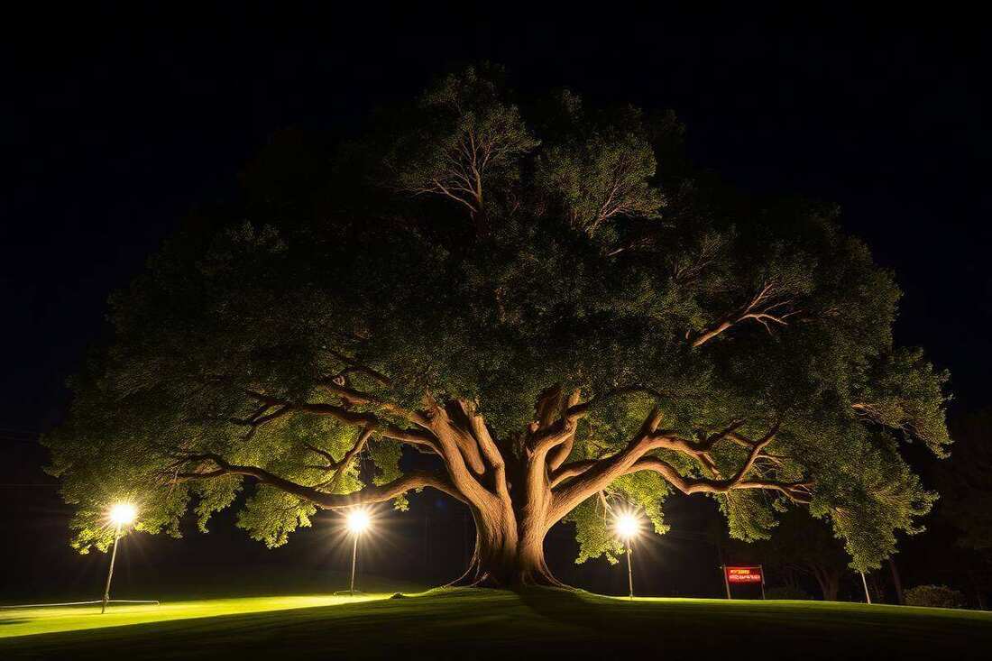 Mature tree uplit with warm white landscape spotlights